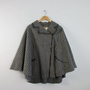 Janska Women Poncho Cape Jacket Shawl Grey Black Houndstooth Boho Lagenlook 620